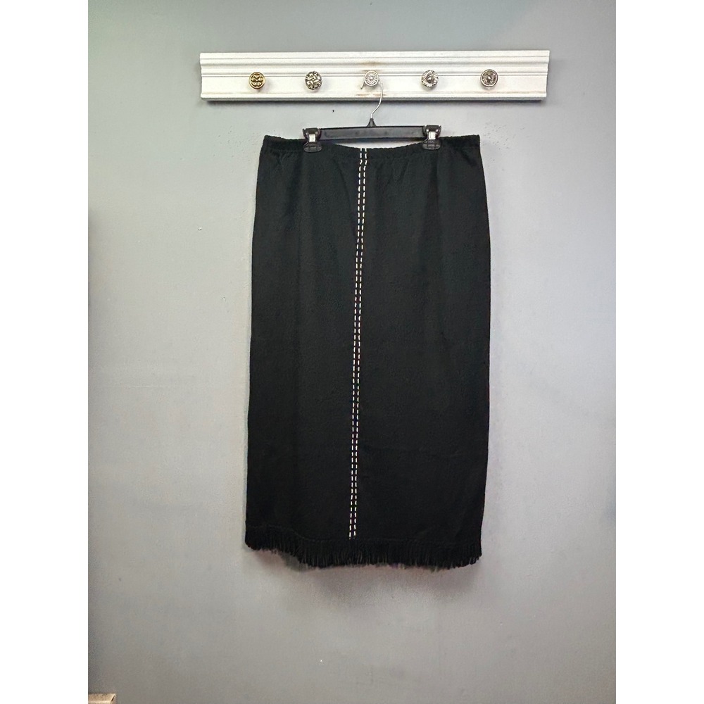 Nina Leonard Skirt Womens 2X Black Knit Midi Fringe Whipstitch Straight